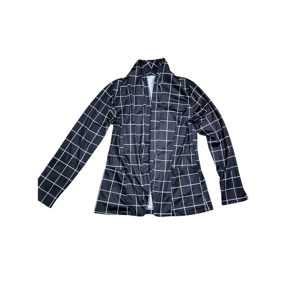 Women's Open Front Blazer Casual Lightweight Plaid Roll Up Sleeve Jacket Shirt